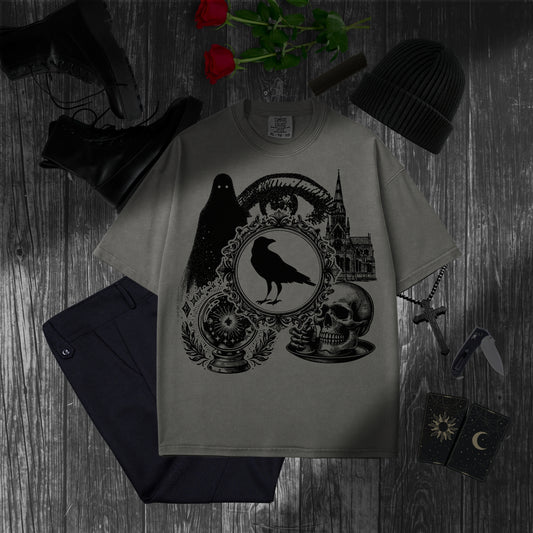 The Oracle's Gaze Oversized Tee: Dark Academia Crow & Skull